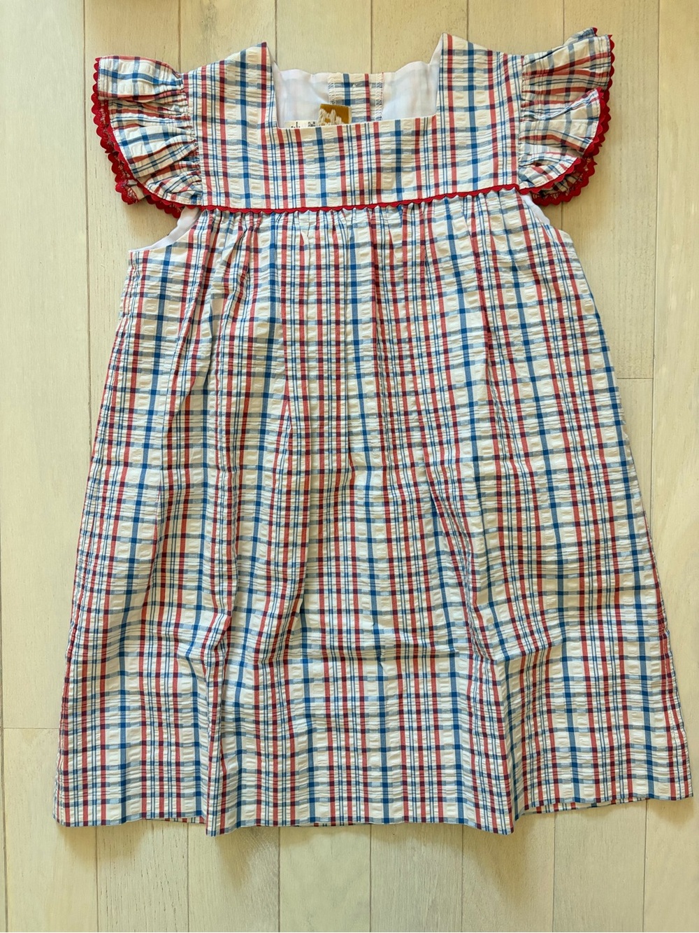 The Beaufort Bonnet Company Red, Blue and Cream Plaid Ruffle-Sleeve Dress